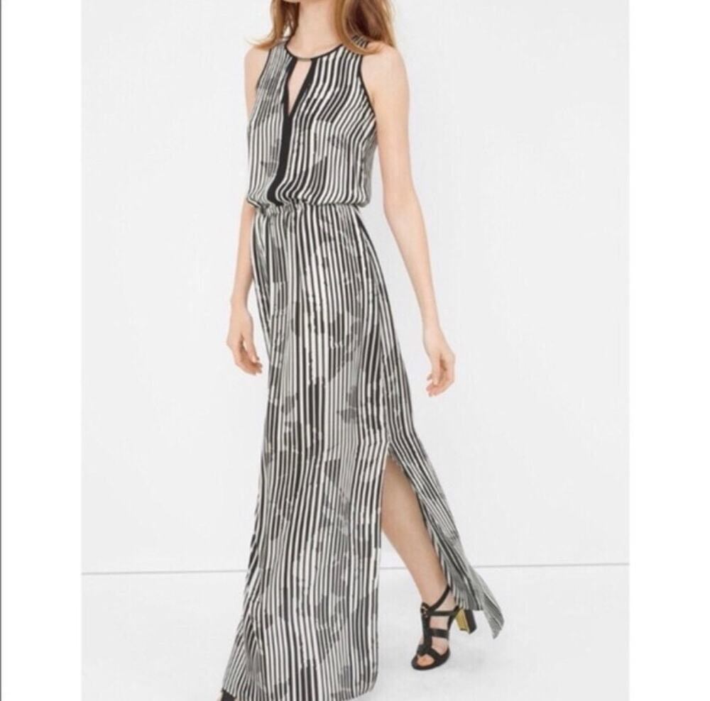 New WHBM Sleeveless Stripe Black White Keyhole Slit Maxi Dress | 2
